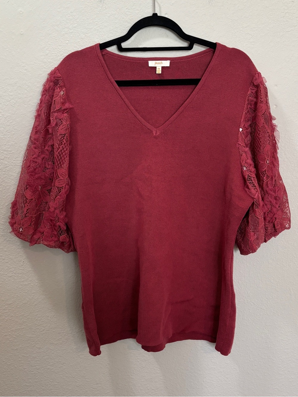 Peach Burgundy Rose Lace Sleeve Ribbed Blouse Size 2X